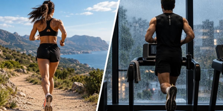 Corredor entrenando rápido en una cinta frente a la comparación con correr en el exterior