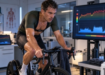 Ciclista entrenando en rodillo mientras compara frecuencia cardiaca y potencia para controlar la carga de entrenamiento