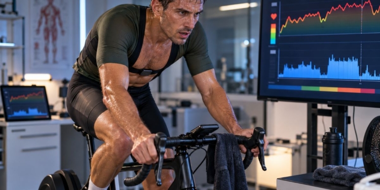 Ciclista entrenando en rodillo mientras compara frecuencia cardiaca y potencia para controlar la carga de entrenamiento