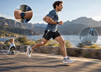 Corredor consultando métricas de cadencia y dinámica de carrera en un reloj deportivo durante un entrenamiento