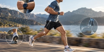 Corredor consultando métricas de cadencia y dinámica de carrera en un reloj deportivo durante un entrenamiento