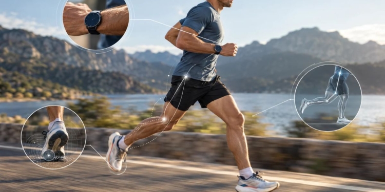 Corredor consultando métricas de cadencia y dinámica de carrera en un reloj deportivo durante un entrenamiento