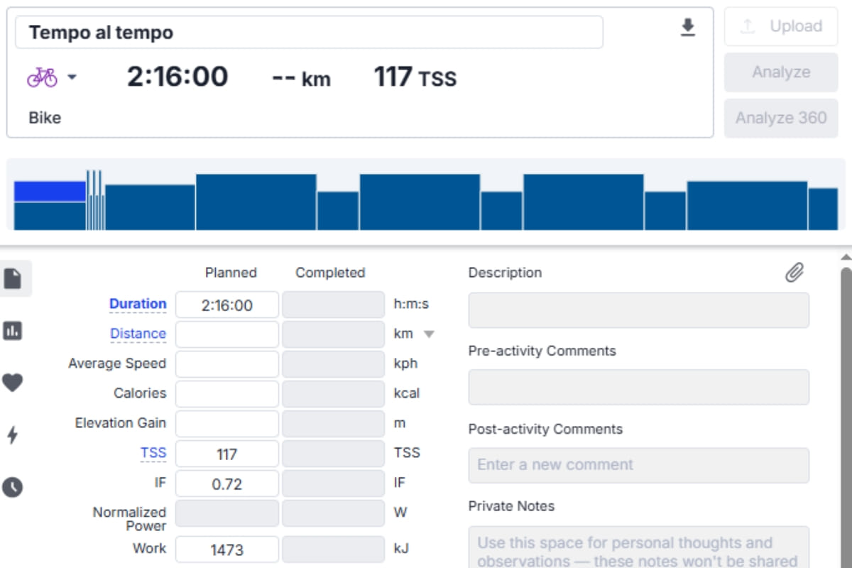 Sesión Tempo de 2 horas y 16 minutos programada en TrainingPeaks
